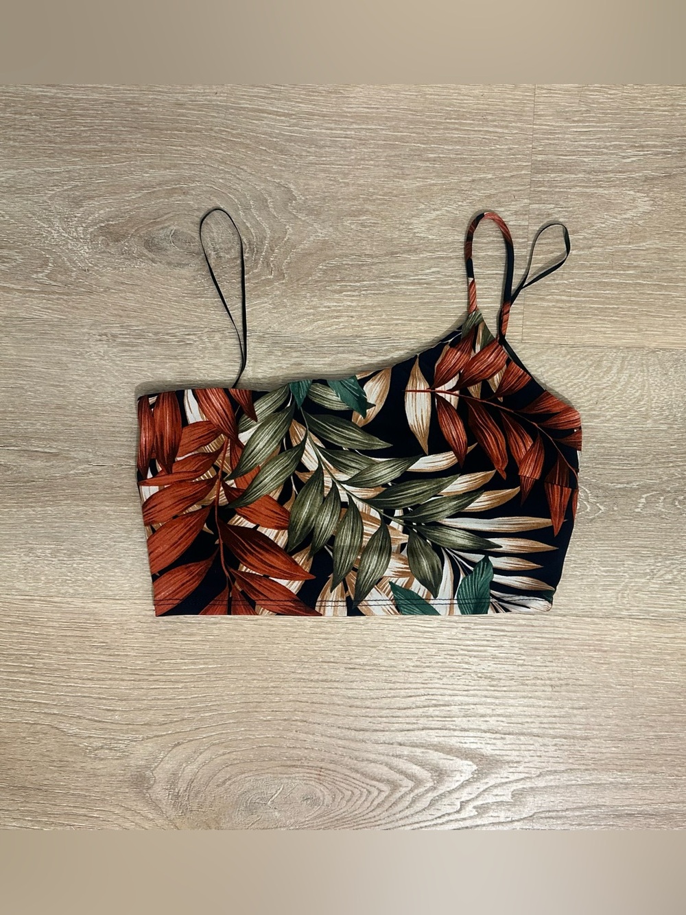 Windsor Tropical Leaf One-Shoulder Crop Top - Black, Green & Rust